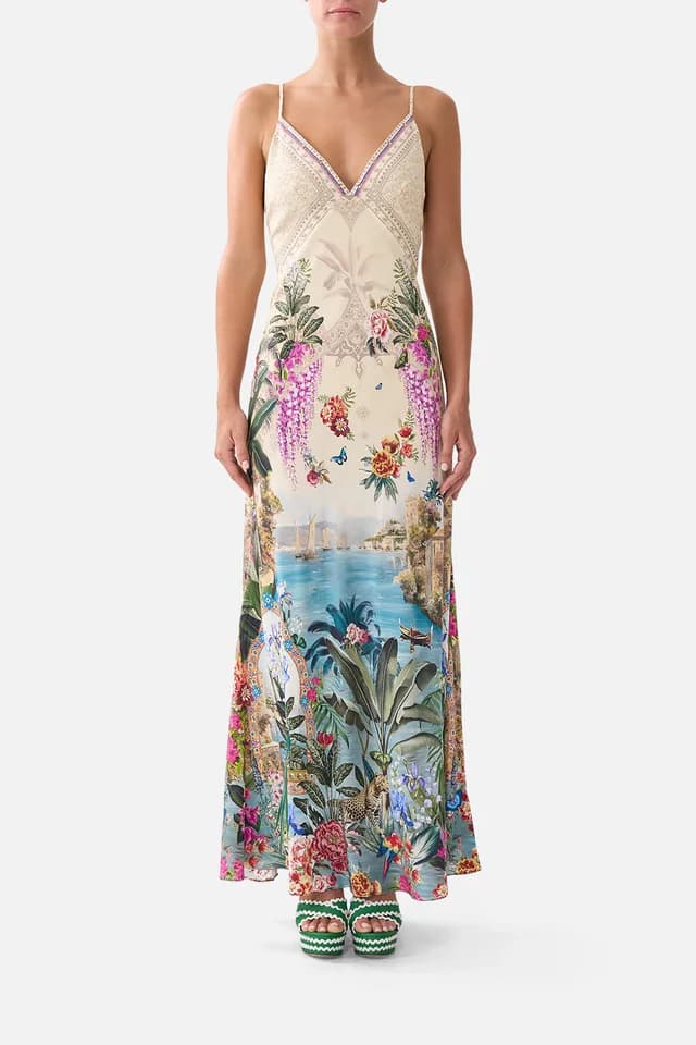 Camilla eBoutique V-NECK FULL LENGTH BIAS SLIP DRESS BODRUM BOTANICALS, image 1 of 1 from CAMILLA