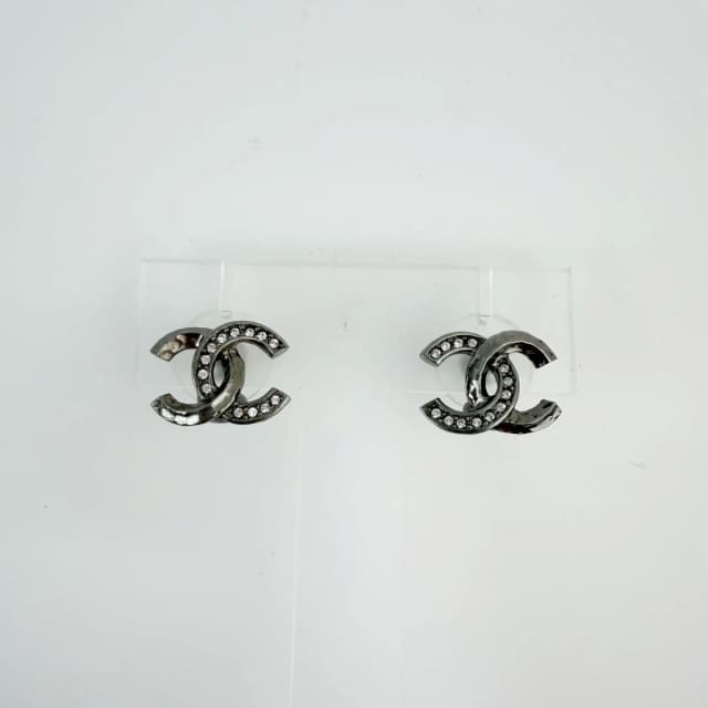 Chanel CC Logo Rhinestone Earrings Plated Silver Clear Vintage in Silver from The Reluxe, photo 1 of 1