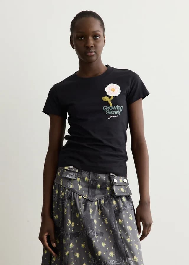 Ganni Basic Cotton Jersey Baby Fit Crochet Patch T-Shirt in Phantom 252, image 1 of 1 from Incu