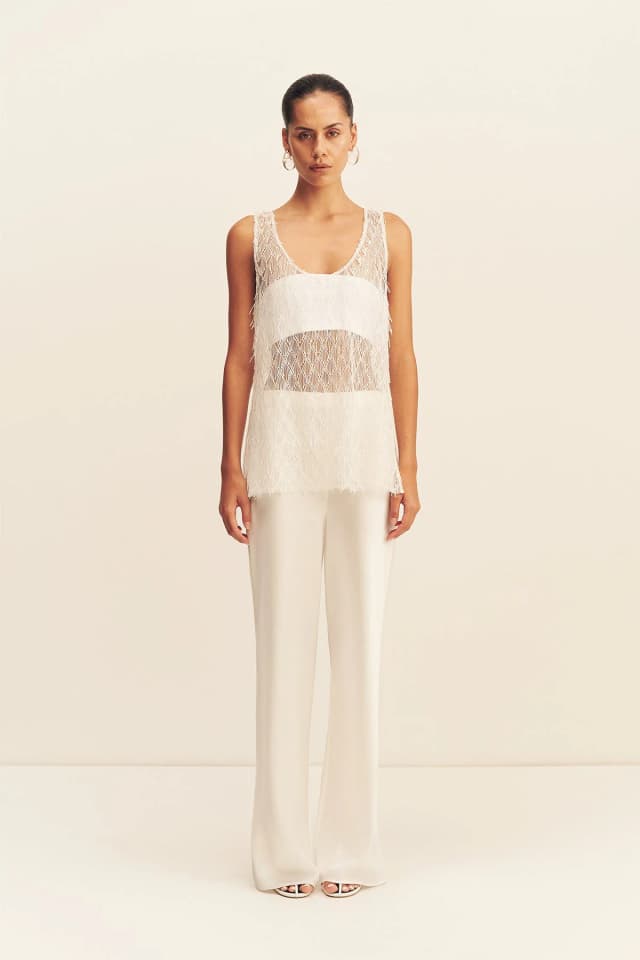 Shona Joy TALITHA SHEER FRINGE SCOOP NECK TOP - IVORY, image 1 of 1 from Shona Joy