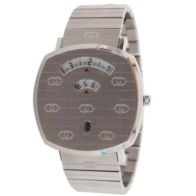 Gucci Grip 1573 GG Engraved Quartz Silver Dial Stainless Steel Watch 35MM in Silver from Dallas Designer Handbags, photo 1 of 1