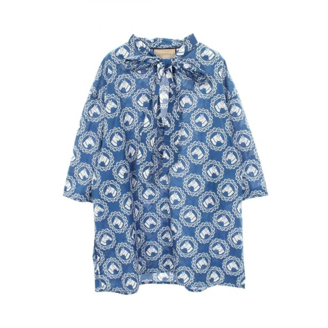 Gucci Blouse Cotton Muslin Hose Print Bow Tie Shirt Blue in Blue from The Reluxe, photo 1 of 1