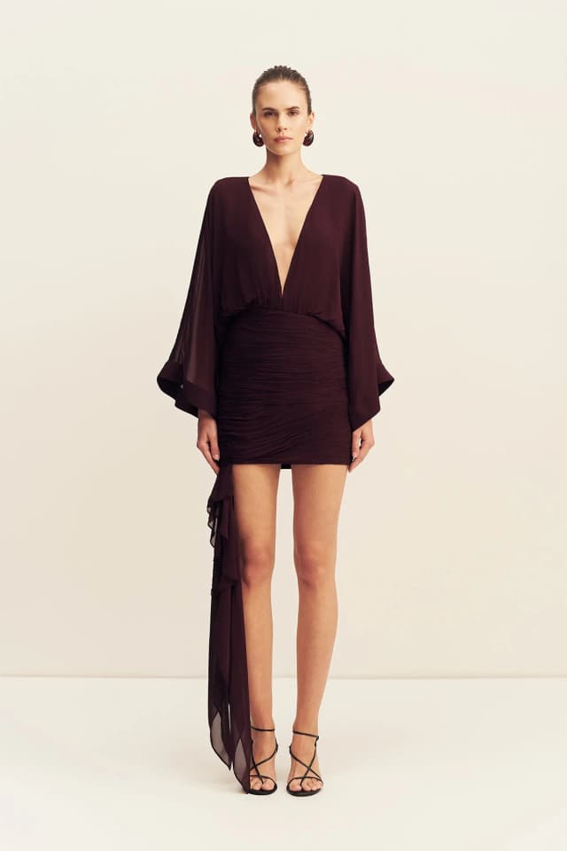Shona Joy AMINA LONG SLEEVE PLUNGED MINI DRESS - WINE TASTING, image 1 of 1 from Shona Joy