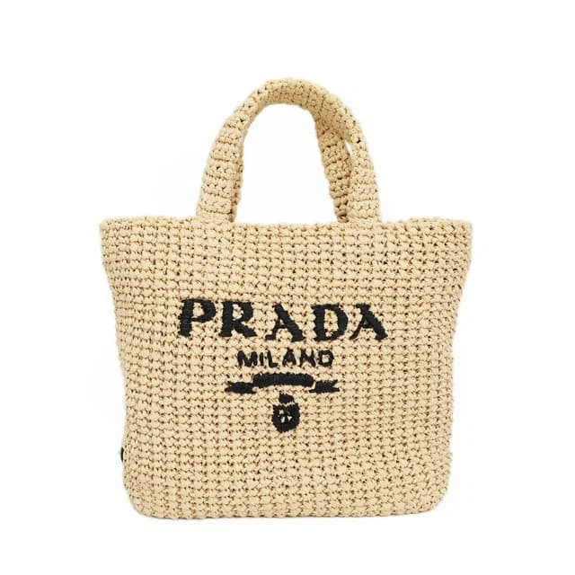 Prada Ten Crochet Tote Bag Raffia Natural Triangle Logo Basket in Beige Raffia from The Reluxe, photo 1 of 1