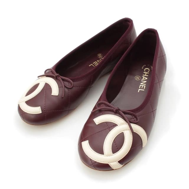 Chanel Coco Beach Lambskin CC Logo Ballerina Flat Pumps Burgundy Ivory in White Lambskin from The Reluxe, photo 1 of 1