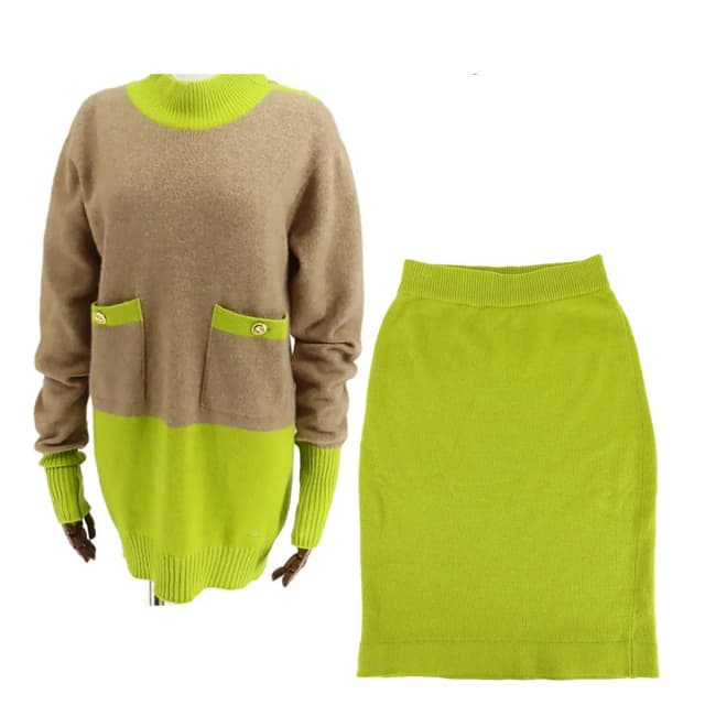 Chanel Knit Skirt Set Dark Beige Light Green Cashmere Dress Pencil Clover in Beige Cashmere from The Reluxe, photo 1 of 1