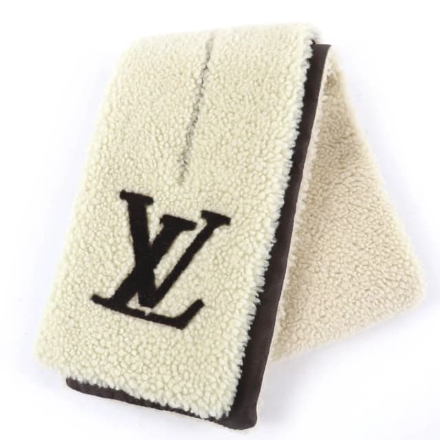 LV Logo Shearling Fur Tippet Shawl Scarf Ivory in White Silk from The Reluxe, photo 1 of 1