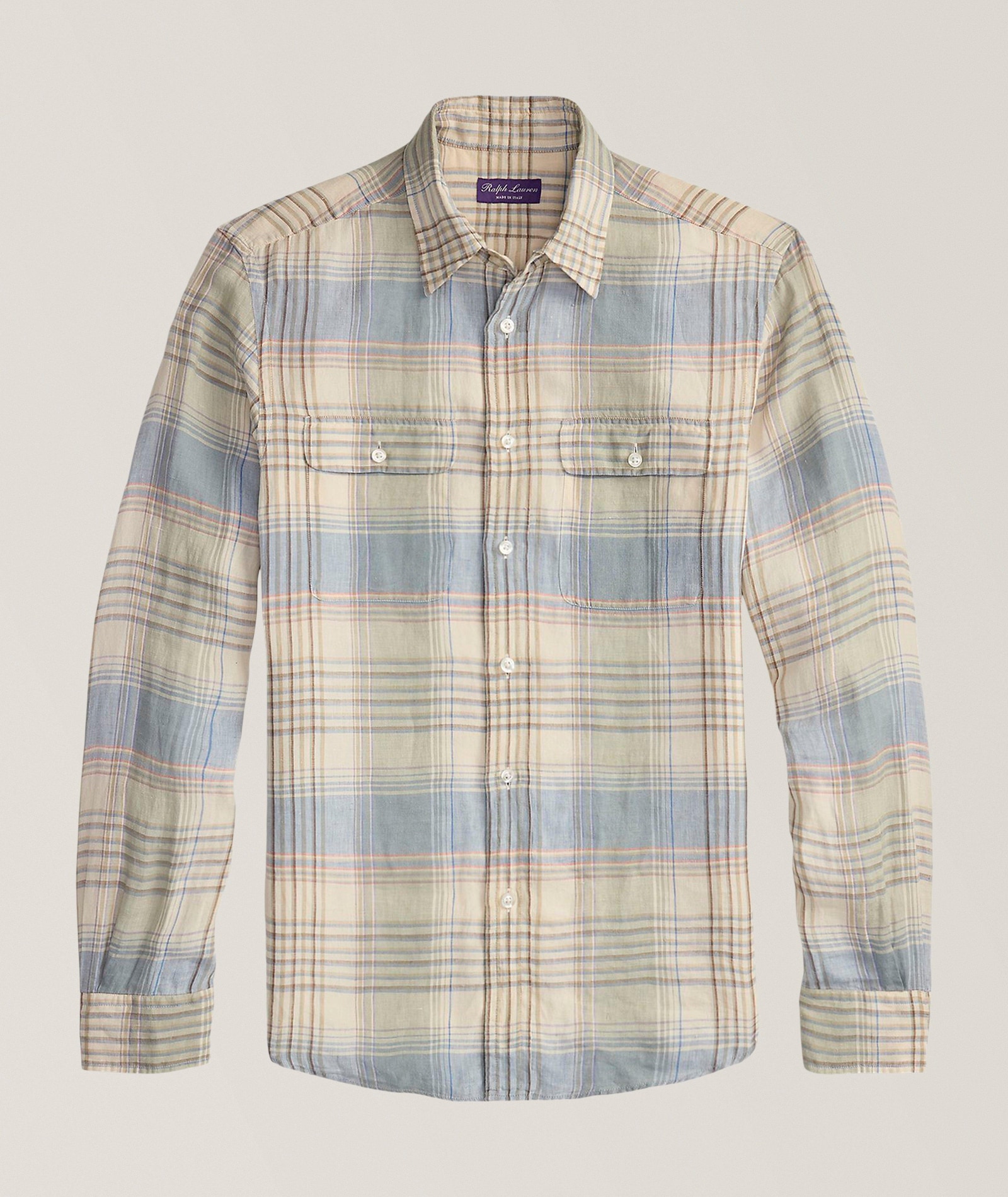 Ralph Lauren Purple Label Plaid Linen Shirt in Blue, image 1 of 1 from Harry Rosen
