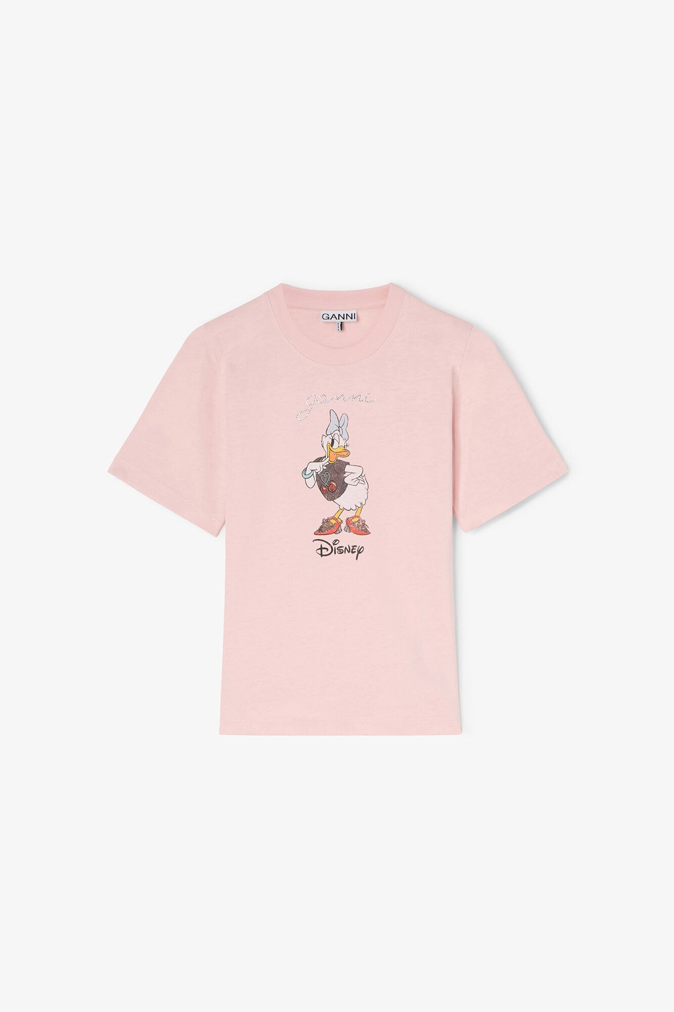 GANNI Daisy Duck Pink Printed Baby Fit T-shirt in Chalk Pink 100% Organic Cotton, image 1 of 1 from GANNI (US)