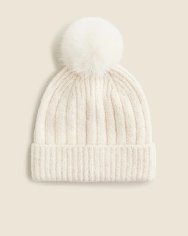 J.Crew Ribbed pom-pom beanie in Supersoft yarn in HTHR NATURAL, image 1 of 1 from J.Crew (Canada)