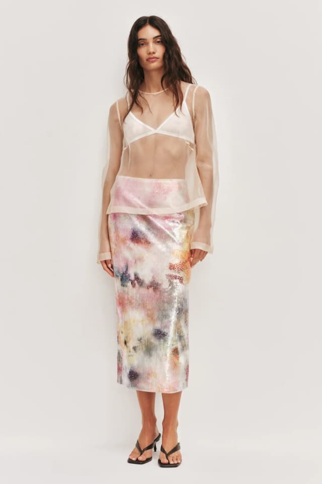 AJE Sybilla Sequin Midi Skirt in MIST BLOOM, image 1 of 1 from Aje