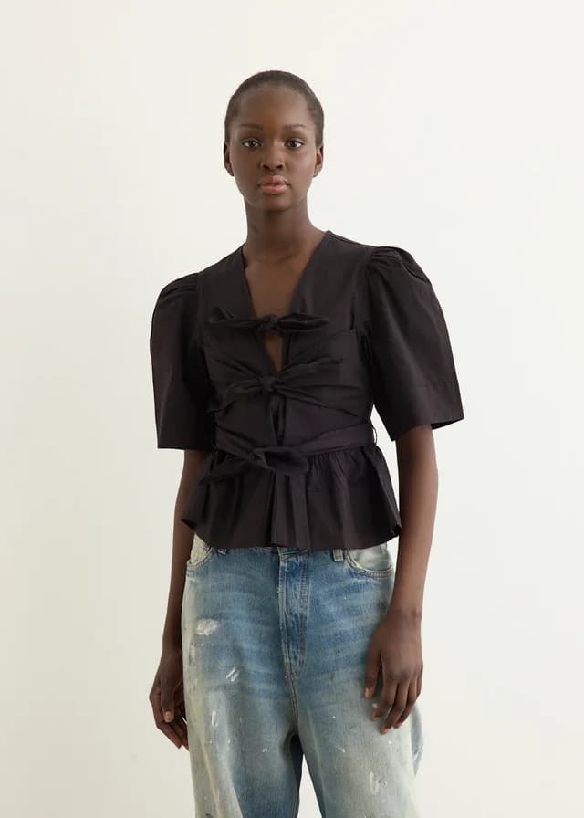 Ganni Washed Stretch Cotton Tie Strap Blouse in 099 Black, image 1 of 1 from Incu