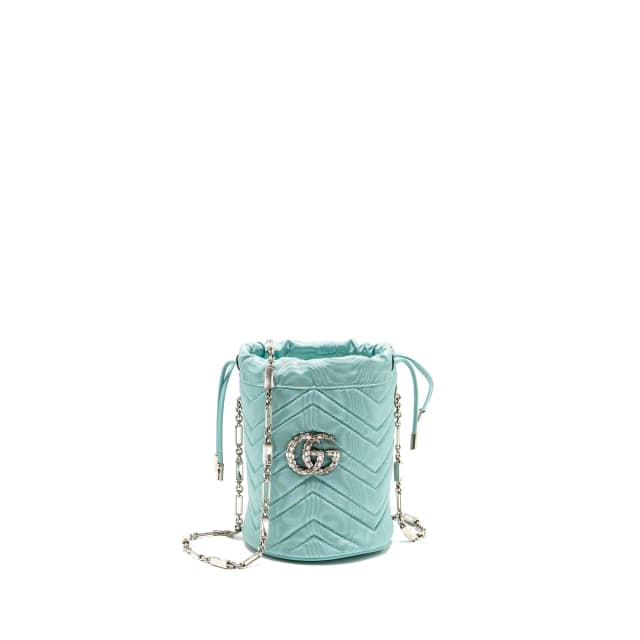 Gucci GG Marmont silk bucket crystal chain bag Fabric/ Crystal Light Blue SHW in Blue Silk from EMIER, photo 1 of 1