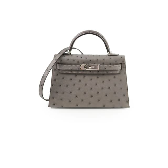 Hermès Mini Kelly Ostrich Gris Meyer B Stamp in Grey Ostrich from The Purse Affair, photo 1 of 1