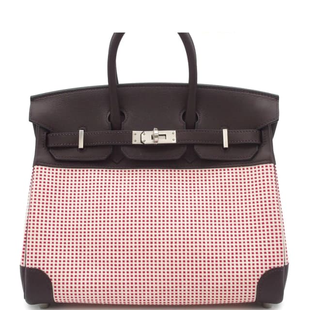 Hermès Birkin 25 Ecru Rouge Sellier Framboise Silver Toile Quadrille Swift in Red Swift leather from The Reluxe, photo 1 of 1