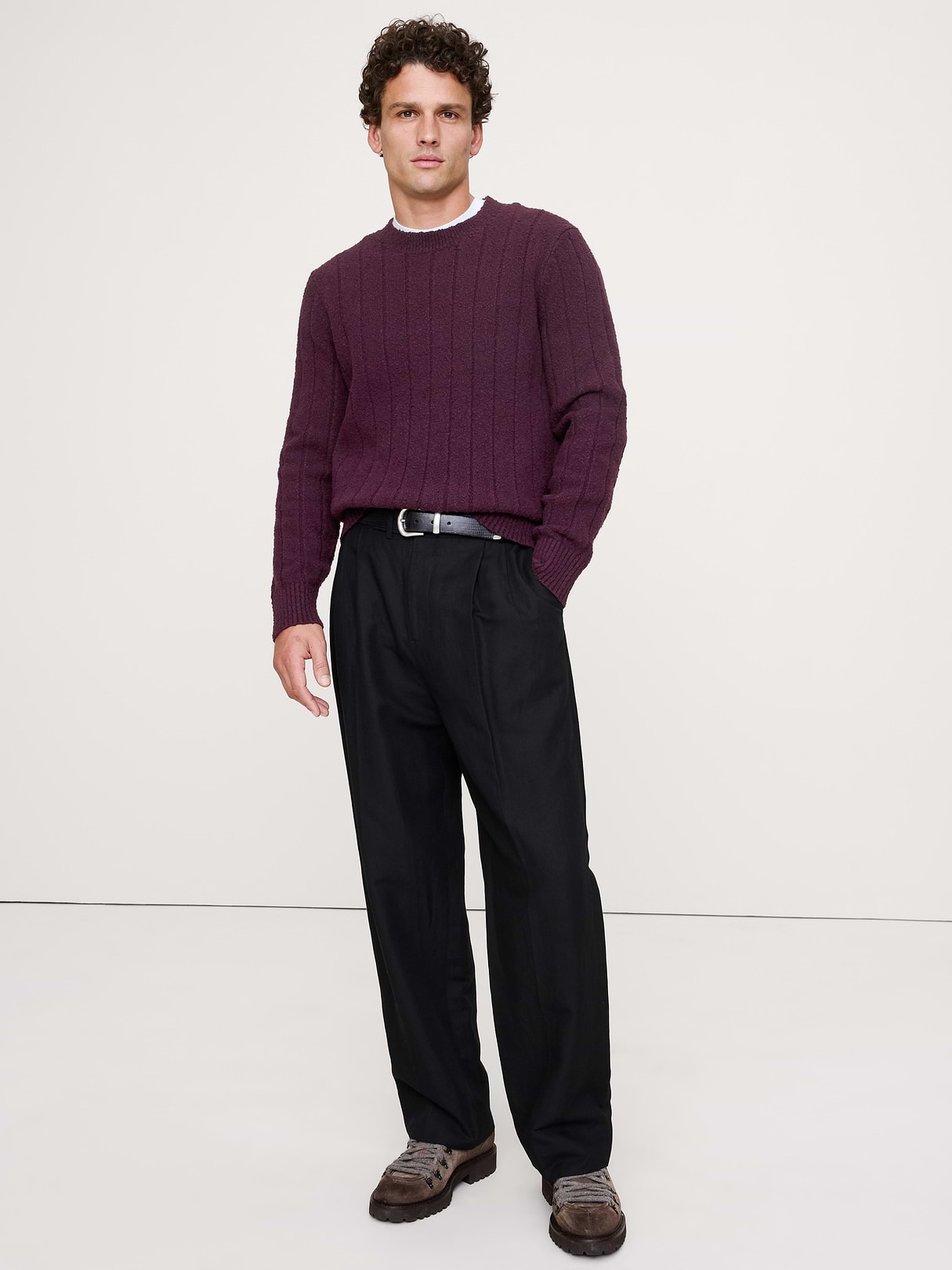Banana Republic Bouclé Ribbed Crew-Neck Sweater in Ruby Plum Purple, image 1 of 1 from Banana Republic (Canada)