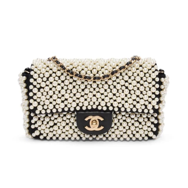 Chanel Satin & Lambskin Pearl On Flap Bag in Black Lambskin from Blue Spinach, photo 1 of 1