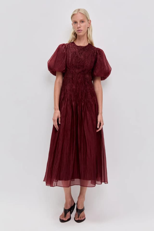 AJE Ophelia Lace Midi Dress in MAHOGANY, image 1 of 1 from Aje