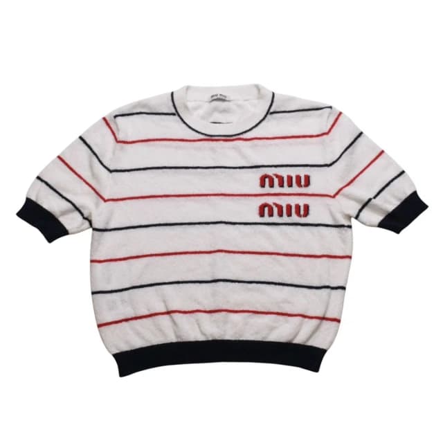 Miu Miu Short Sleeve Top Cropped Length Pile Border Pattern White 38 in White Nylon from The Reluxe, photo 1 of 1