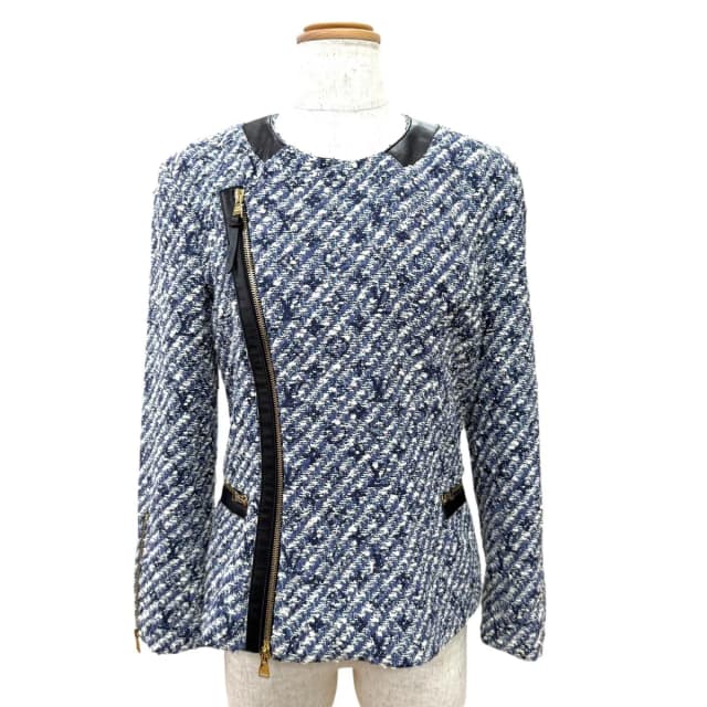 Louis Vuitton Leather Use Shadow Monogram Tweed Collarless Jacket Blue 34 in Blue Tweed from The Reluxe, photo 1 of 1