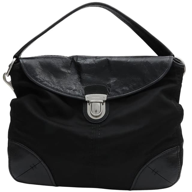 Prada Nylon leather combine logo plate handbag, black from VINTAGE QOO TOKYO, photo 1 of 1