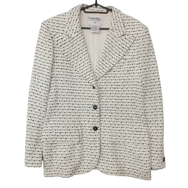 Chanel Tailored Jacket Monochrome Tweed Peaked Lapel CC Logo Button White Black in Black Tweed from The Reluxe, photo 1 of 1