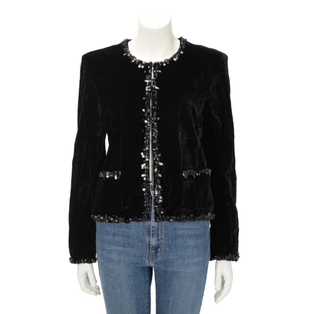 Chanel Crushed Velvet Beaded Trim Jacket FR 42 in Black Velvet from Blue Spinach, photo 1 of 1