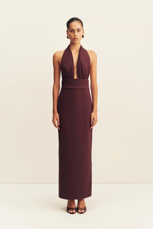 Shona Joy CAMPBELL HALTER PLUNGED MAXI DRESS - WINE TASTING, image 1 of 1 from Shona Joy
