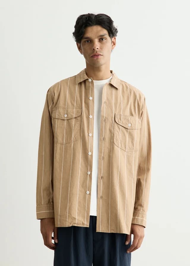 Beams Plus Multi Pocket WORK Wide Stripe Shirt in ORGANIC BROWN COTTON 28, image 1 of 1 from Incu