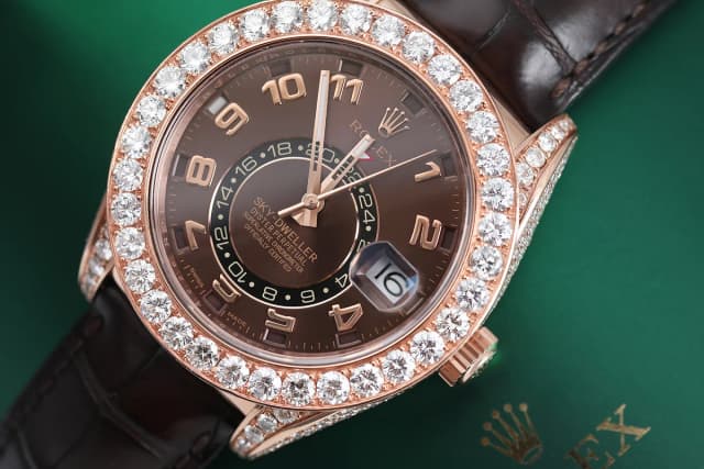 Rolex Sky Dweller 18Kt Rose Gold Custom Diamond Watch in Brown Leather from Truefacet, photo 1 of 1
