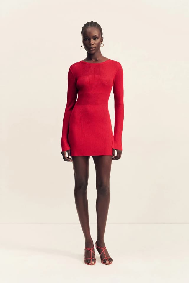 Shona Joy ROHE SHEER KNIT LONG SLEEVE MINI DRESS - CHERRY, image 1 of 1 from Shona Joy
