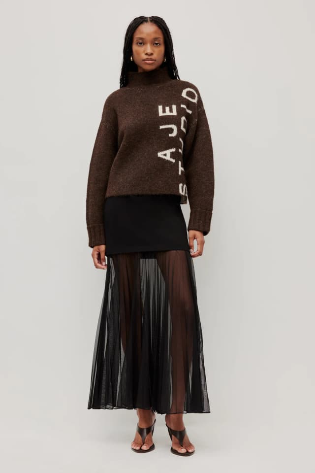 Aje Studio Santiago Logo Knit Jumper in CHOCOLATE, image 1 of 1 from Aje