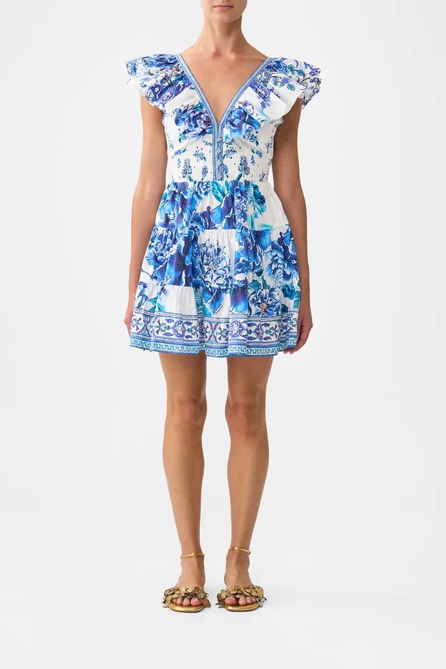 Camilla eBoutique TIERED SHORT DRESS WITH NECK FRILL A CERAMIC GARDEN, image 1 of 1 from CAMILLA
