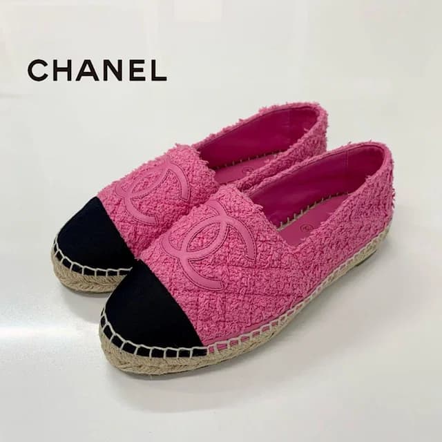 Chanel CC Logo Espadrilles Tweed Leather Flat Shoes Pink in Pink Tweed from The Reluxe, photo 1 of 1