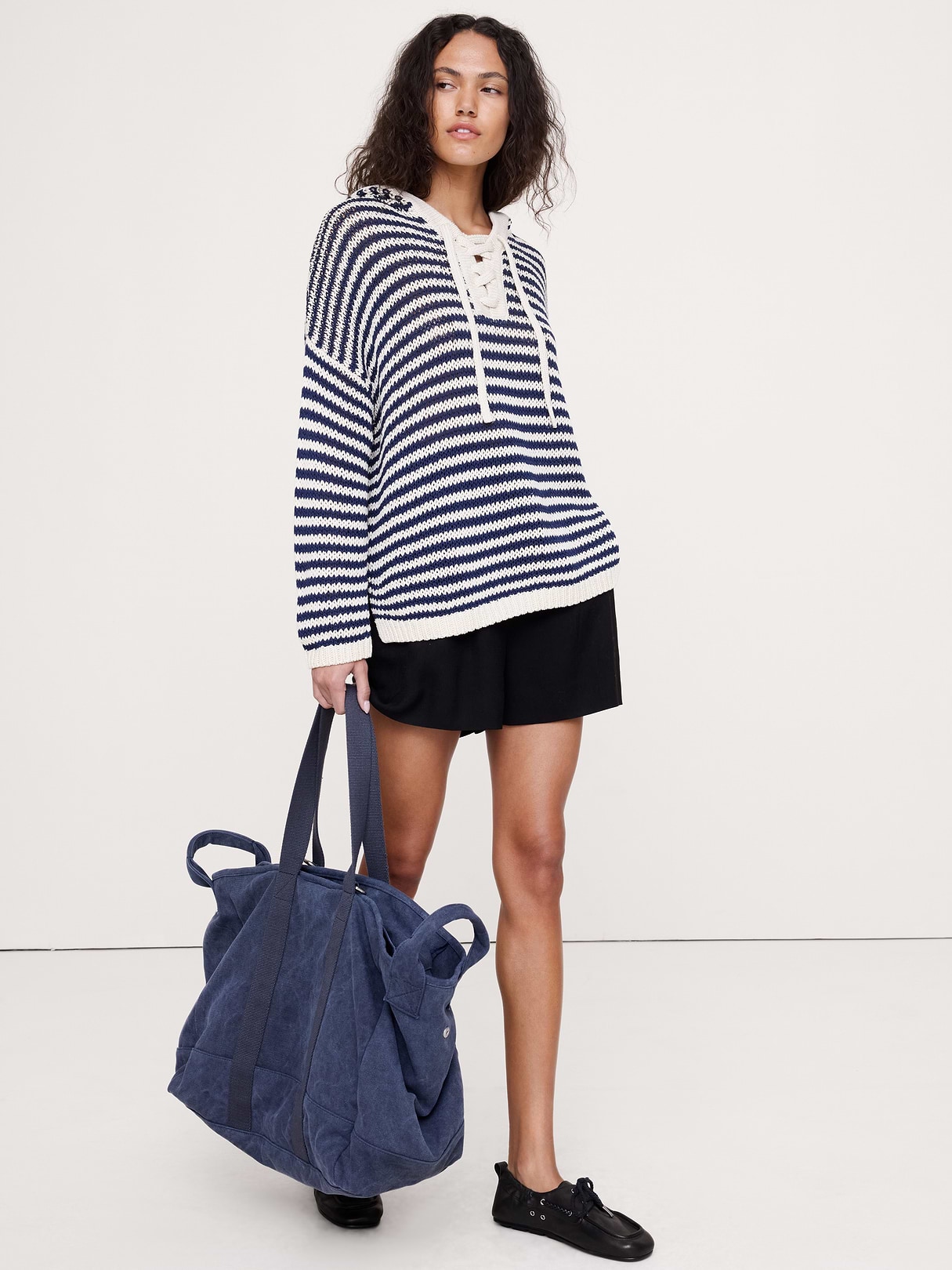 Banana Republic Coastal Cotton Beach Hooded Sweater in Navy Blue Stripe, image 1 of 1 from Banana Republic (US)