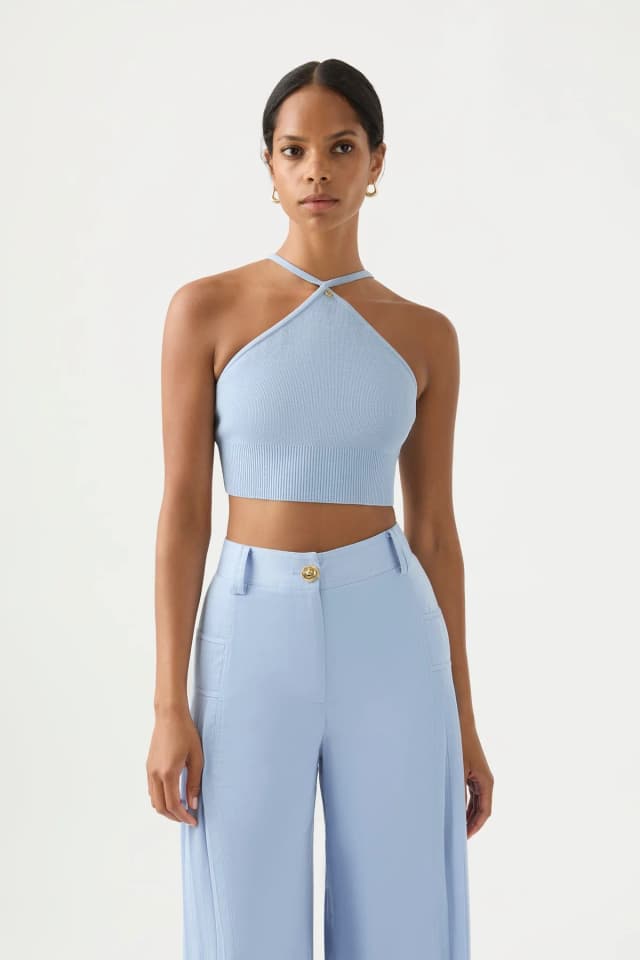 AJE Xanthe Halter Knit Crop Top in STEEL BLUE, image 1 of 1 from Aje