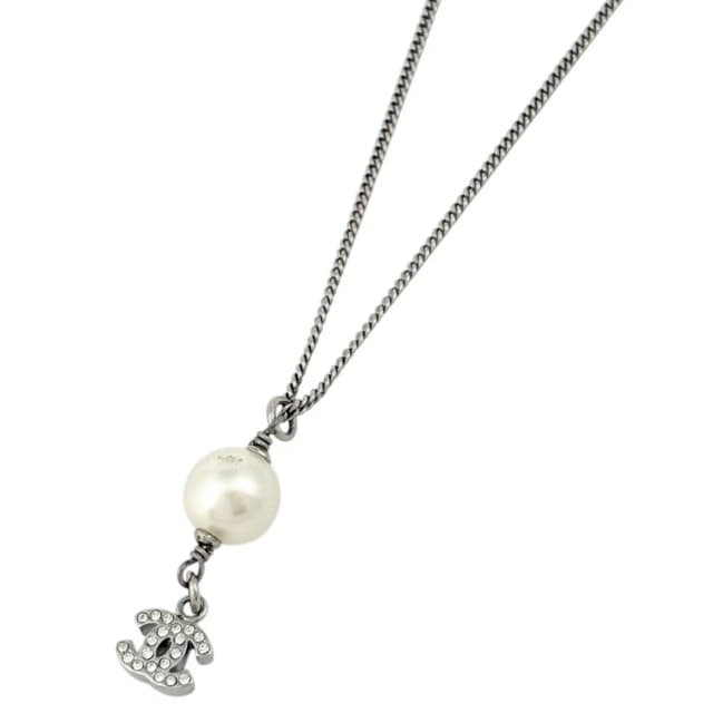 Chanel Necklace CC Logo Faux Pearl Silver Plated Rhinestone in Silver from The Reluxe, photo 1 of 1