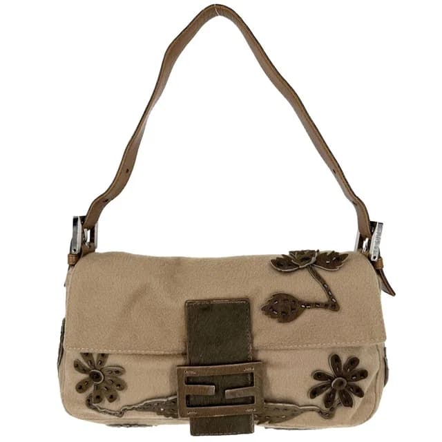 Fendi Handbag Flower Motif Mamma Bucket Shoulder Bag Wool Calf Hair Beads Brown in Brown Wool from The Reluxe, photo 1 of 1