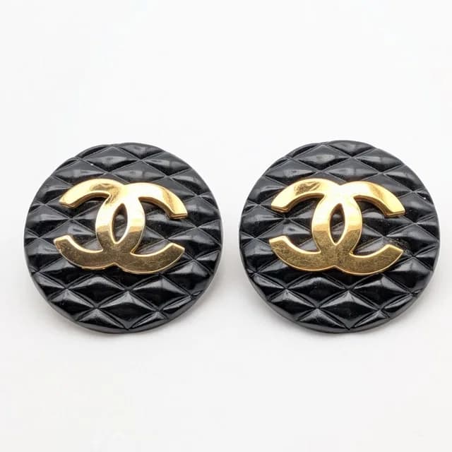 Chanel Earrings CC Logo Quilted Gold Black Round First Era Vintage in Black from The Reluxe, photo 1 of 1