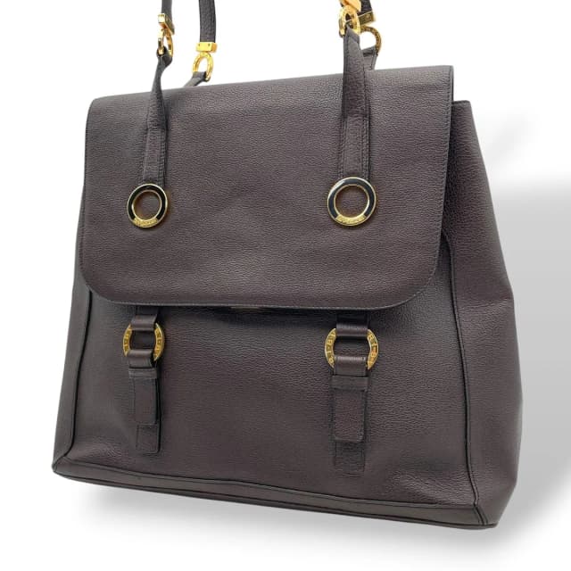 Bvlgari Tamara Tote Flap Circle Gray Leather Dark Brown Gold Vintage E5 in Brown Leather from The Reluxe, photo 1 of 1