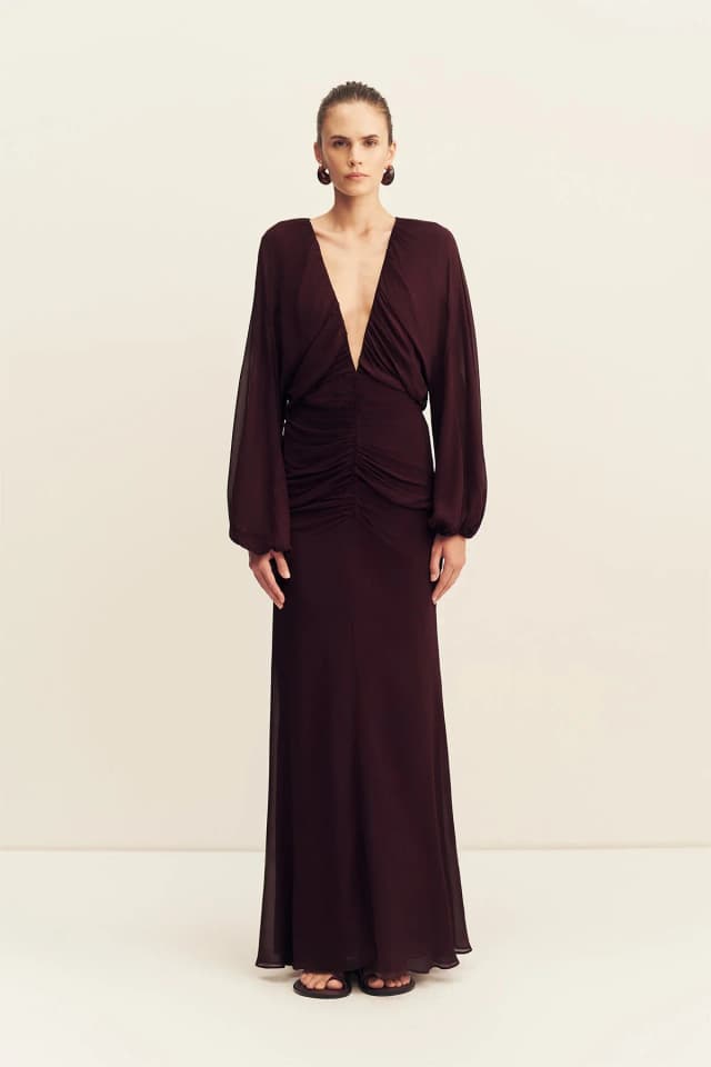 Shona Joy AMINA GATHERED LOW PLUNGED MAXI DRESS - WINE TASTING, image 1 of 1 from Shona Joy