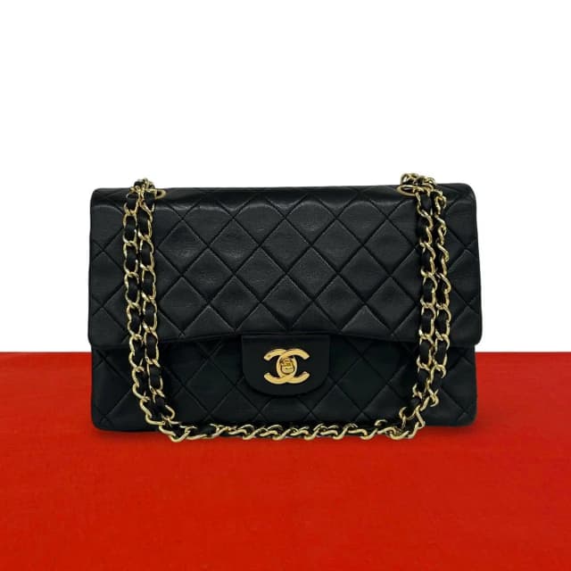 Chanel Vintage Quilted CC Logo Double Flap Lambskin Shoulder Bag Black in Black Lambskin from The Reluxe, photo 1 of 1