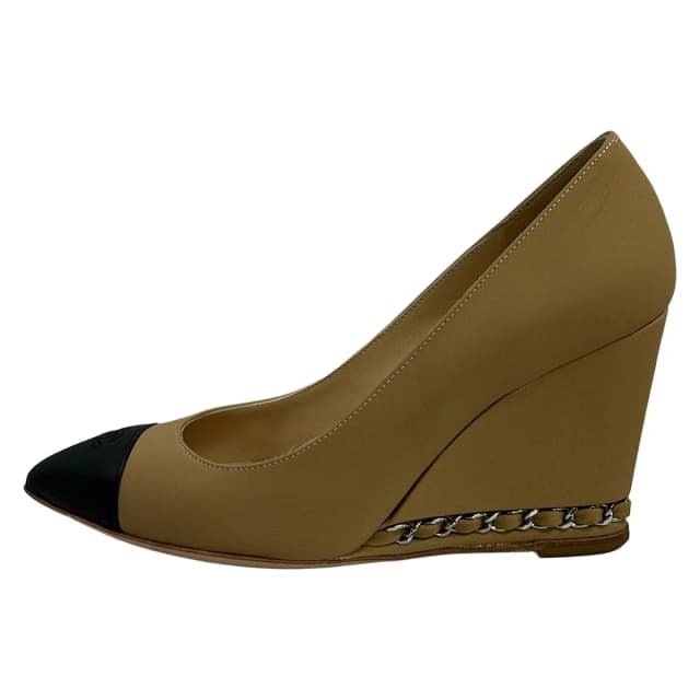 Chanel Pumps Beige Black CC Logo Wedge Sole Leather Heels in Black Leather from The Reluxe, photo 1 of 1