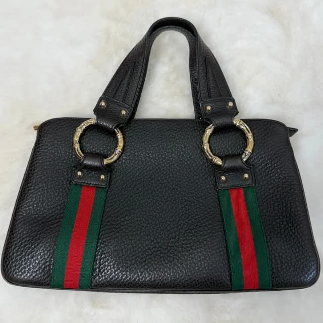Gucci Black Pebbled Leather Vintage Sherry Line and Bamboo Ring Hand Bag in Black Leather from SparklesnDreams, photo 1 of 1
