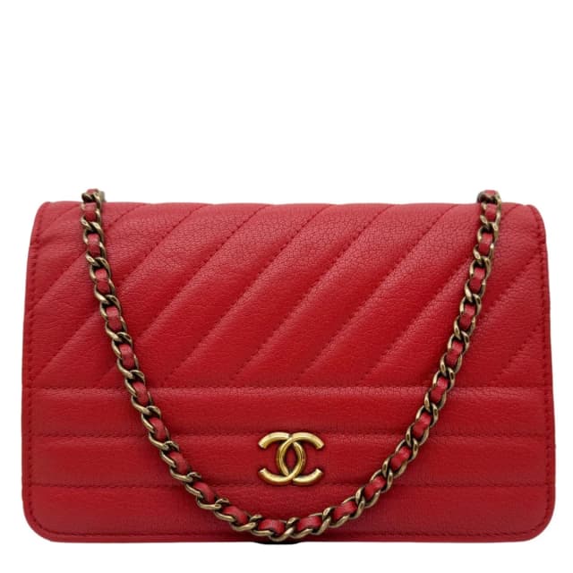 Chanel CC Diagonal Goatskin Leather Wallet On Chain Red in Red Goatskin from Dallas Designer Handbags, photo 1 of 1