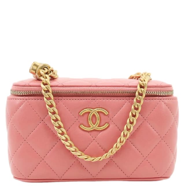 Chanel All Slide Quilted Leather Long Chain Vanity Case Pink in Pink Leather from Dallas Designer Handbags, photo 1 of 1