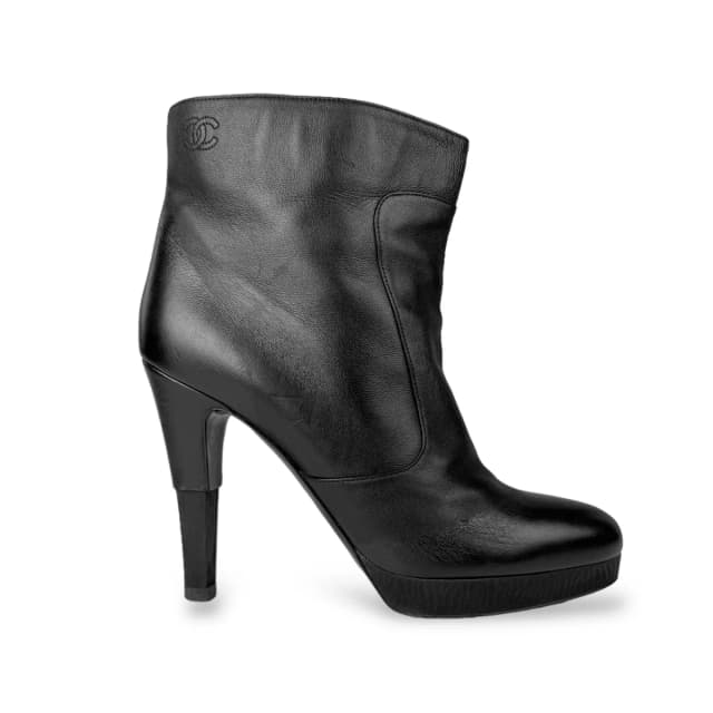 Chanel Fall/Winter Black Leather Logo Heeled Ankle Boots in Black Leather from Designer Archives, photo 1 of 1