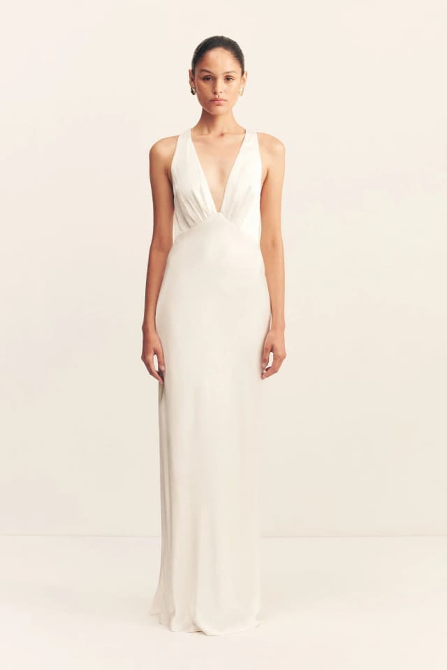 Shona Joy LA LUNE PLUNGED CROSS BACK MAXI DRESS - WHITE, image 1 of 1 from Shona Joy