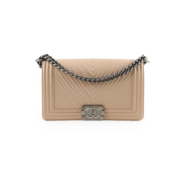 Chanel Boy Old Medium Chevron Beige Lambskin in Beige Lambskin from The Purse Affair, photo 1 of 1