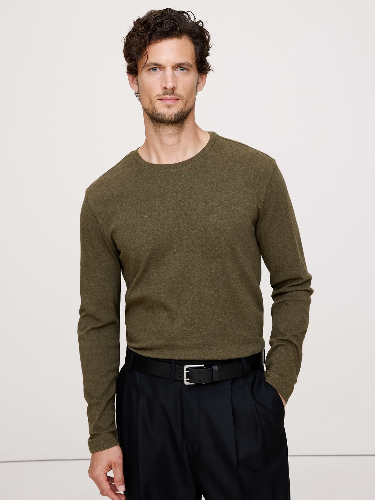 Banana Republic Luxury-Touch Long-Sleeve T-Shirt in Olive Green, image 1 of 1 from Banana Republic (US)
